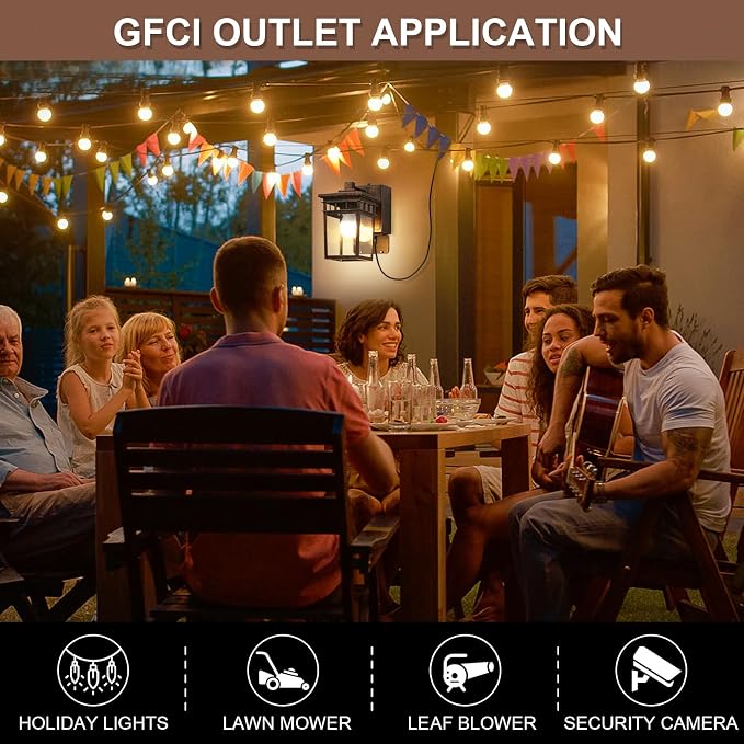 Dusk to Dawn Outdoor Lighting, Porch Light with GFCI Outlet and LED Bulb | Exterior Wall Fixture with Clear Glass Shade, Waterproof Outside Lights for House Garage Front Door, Antique Bronze