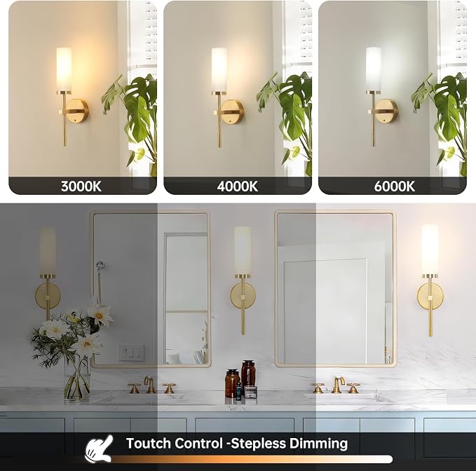 Shenmoyl Battery Operated Wall Sconces Set of 2, Gold Rechargeable Wall Lighting Fixtures, Dimmable Wall Lights with Remote & Opal Glass Shade for Living Room, Bathroom,Bedroom