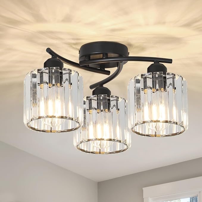 Crystal Semi Flush Mount Ceiling Light,3-Light Black Close to Ceiling Light Fixtures,Kitchen Light Fixture with Clear Crystal Shades,Hallway Light Fixtures for Kitchen Entryway Bedroom Bathroom
