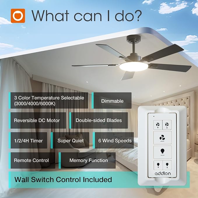 addlon 52 Inch Ceiling Fans with Lights and Remote Control, Wall Switch | Reversible DC motor, 6-speed, Timer, 3CCT Dimmable, Quiet, Black Ceiling Fan for Bedroom, Living Room, Indoor/Outdoor Use