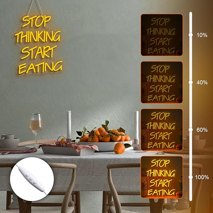 Stop Thinking Start Eating Neon Sign - Fun LED Wall Decor for Restaurants, Kitchens & Food Lovers, USB-Powered with Adjustable Brightness, Humorous Dining Lighting