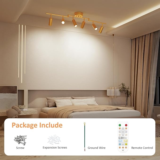 6 Light Heads Gold Track Lighting Kit, 36W CCT 2700K-6000K & Brightness Dimming, Modern LED Ceiling Light Fixture with Flexible Rotatable Heads, APP/Remote/Alexa Control, Gold Kitchen Light Fixture