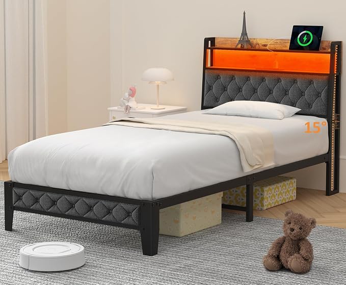 Winkalon Twin Metal Bed Frame with RGB Lights, Charging Station, Upholstered Headboard, Storage Shelves & Under Bed Space, Powder Coated, 250 lbs Capacity