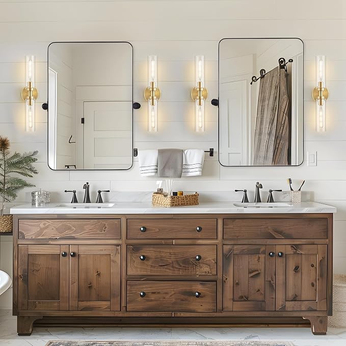 Lanhall 2-Light Brushed Brass Gold Bathroom Light Fixtures Over Mirror Modern Vanity Light Wall Lighting with Clear Glass Shade for Bathroom, Bedroom, Hallway, Cabinet