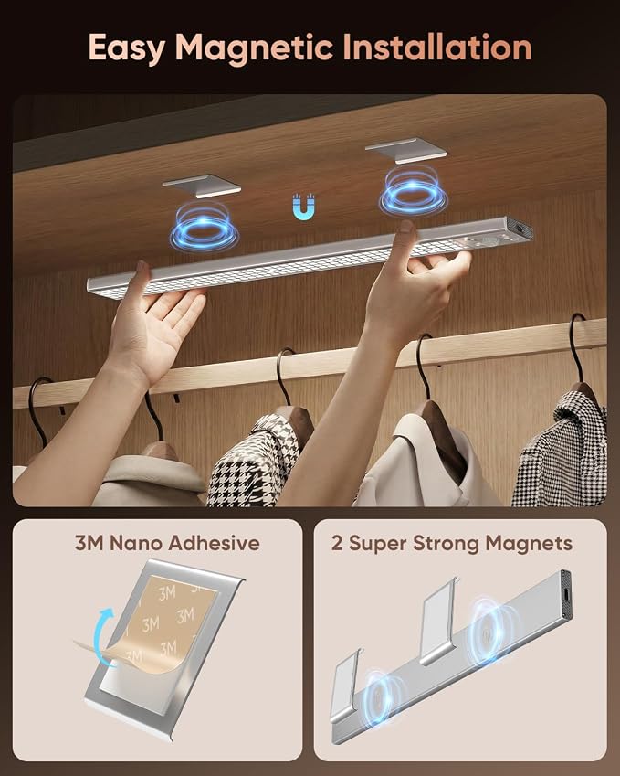 12inch Under Cabinet Lighting, 152LED Motion Sensor Light Indoor, USB Rechargeable Closet Lights, 3 Color Temps, Dimmable, Wireless Under Counter Lights for Kitchen, Stairs, Pantry, 2 Pack