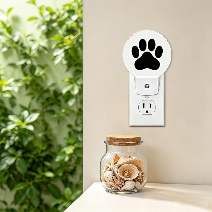 Nightlight Dog Paw Plug-in Night Lights Dusk to Dawn | Animal Puppy Black Cartoon Footprint Night Light LED Round Lamp with Auto on/off Sensor for Kitchen Hallway Bedroom Bathroom