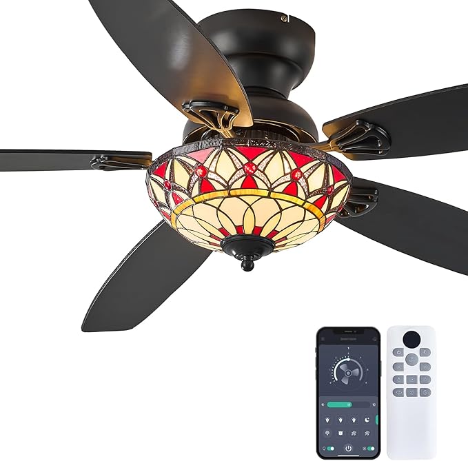 Tiffany Ceiling Fans with Lights-52"Ceiling Fan Chandelier and Glass Shade | 52" Ceiling Fan Chandelier with 5 Dual-Blades and Glass Shade, 6 Speeds and Reversible, Indoor and Outdoor, Retro Style