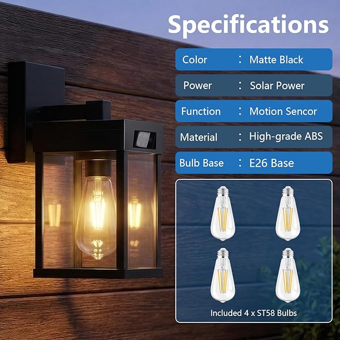 Solar Wall Lanterns Outdoor with 3 Lighting Modes & Motion Sensor, 2 Pack | Dusk to Dawn Solar Wall Lantern Fixture, Waterproof, 4 Bulbs Included, Exterior Front Porch for Garage Patio Yard Garden