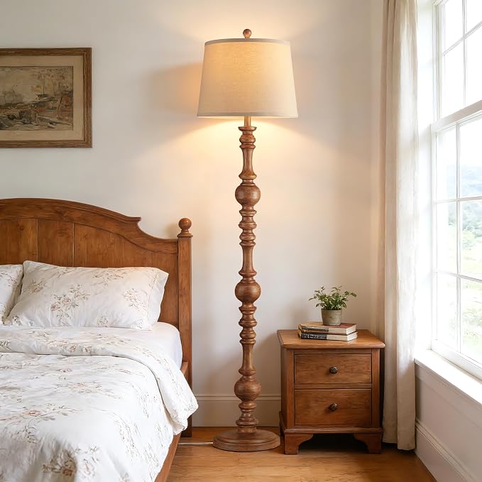 QiMH 61" Vintage Floor Lamp for Living Room, Farmhouse Lamps, Wood Grain | Rustic Floor Lamps for Bedroom, Linen Lampshade, Rotary Switch, Sturdy Base, Home Decor