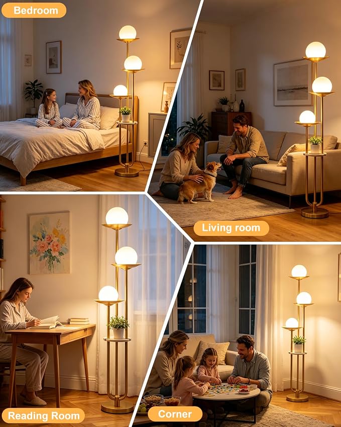 3-Globe Floor Lamp with Shelf 63IN Mid Century Modern Floor Lamps Dimmable with 3000K Soft Warm White Bulbs for Wedding/Party, Gold Tall Standing Lamp for Living Room/Bedroom