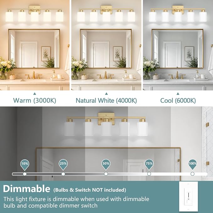 Gold Bathroom Light Fixtures Vanity Lighting Over Mirror | 5-Light Modern Wall Sconces with Milky White Frosted Glass Shades for Restroom (E26 Socket)