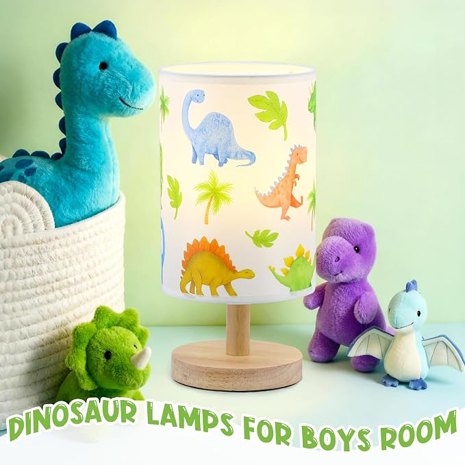 Dinosaur Table Lamp for Kids Bedroom - Cartoon Dinosaur Bedside Lamp with Linen Lampshade Wooden Stand Night Light for Boys Bedroom Living Room Nursery Room Decor Dino Gifts for Boys
