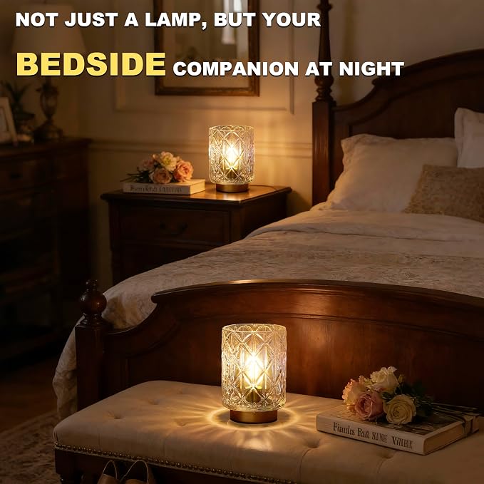 2 Pack Battery Operated Lamp,Cordless Samll Battery powered Accent Lamp with Timer for Bedside,Warm White Cozy Ambient Decorative Table Lamps for Shelf/Cubicle/Entryway/Table Decor(Iridescent Clear)