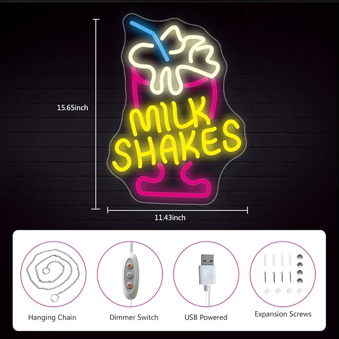 Milk Shakes Neon Sign, Colorful LED Ice Cream Light, USB Power | Dimmable Wall Decor Light-Up Signs for Dessert Shops, Restaurants, Bars, Fun Food Quote Neon Art Decoration for Room