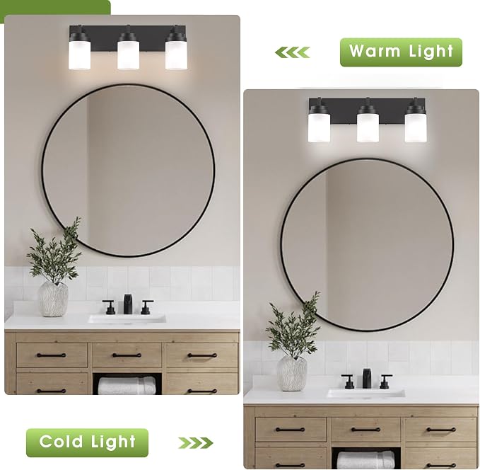 Bathroom Vanity Light, 3 Light Matte Black Vanity Light with White Matte Glass Shade, 22in Farmhouse Wall Light, Lighting Fixtures Over Mirror for Bathroom/Living Room