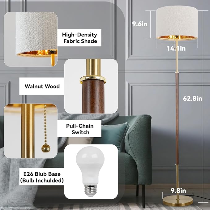 LALISU Wood Floor Lamp for Living Room Gold Traditional Farmhouse Floor Lamps Mid-Century Pole Lamp with Linen Lamp Shade, Standing Tall Floor Lamps for Bedrooms and Office (Gold)