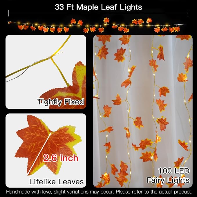 33FT 100 LED Maple Leaf String Lights Battery Operated Copper Wire | Vine with Fairy Lights with Remote,Dimmable Fall Garland with Lights for Bedroom,Wall,Thanksgiving Decor (Warm White)