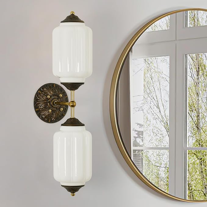 Vintage Milk Glass Bathroom Wall Sconce - Mid Century Dimmable Vanity Light | 25 in,Vertical or Horizontal Mounted,Antique Brass Gold Lighting Fixture for Bedroom Hallway Decor,E12 Bulb×2 Included