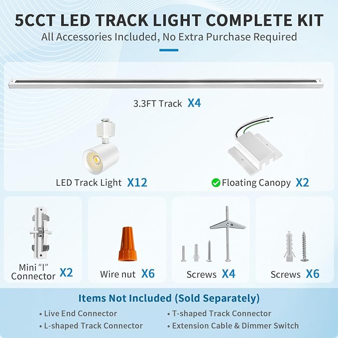 2-Set 5-Color 6-Light LED Track Lighting Kit with 6.6FT H Type Track Lighting Rail, Dimmable Track Lights with Floating Canopy, Ceiling Spot Light Flicker Free, CRI90+, 36° Beam 10W 800lm, White