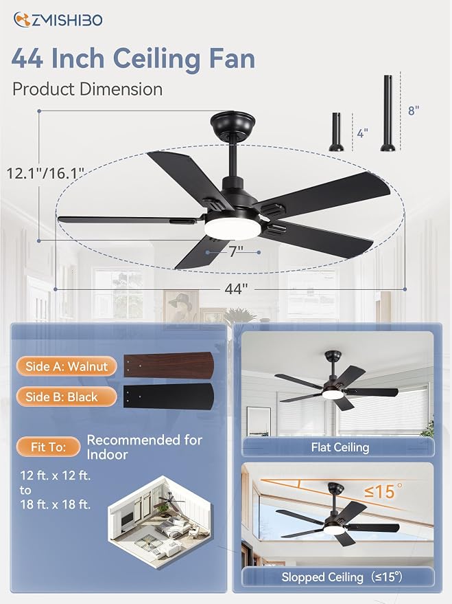 ZMISHIBO 2 Pack 44" Ceiling Fan with Light and Remote, Black Modern Indoor | Small Size, 3CCT, Downrod Mount, Farmhouse Dual Finish Blades, Quiet&Strong Motor, Memory Function for Bedroom, Living Room