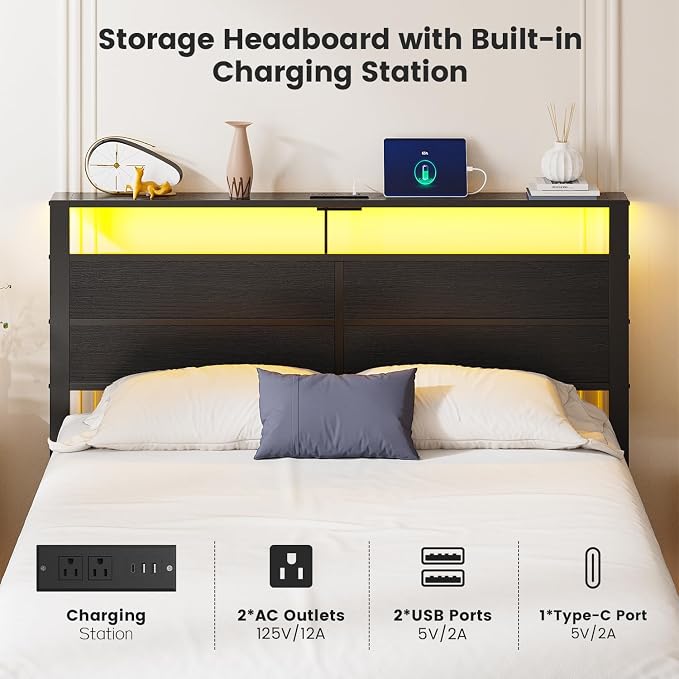 Full Size Metal Bed Frame with Storage Headboard, LED Lights | USB Charging Station, Metal Platform Bed with Sturdy Slats,Noise Free,No Box Spring Needed, Easy Assembly