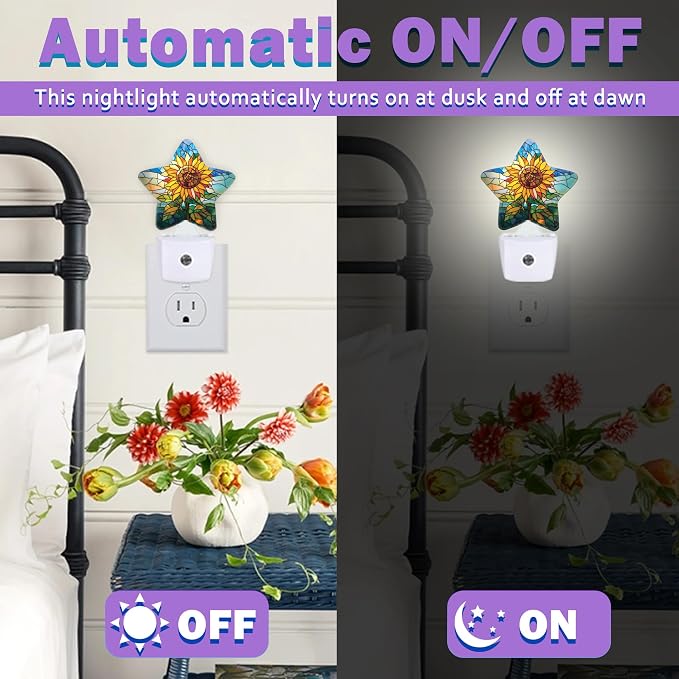 Glass Sunflower Night Light for Kids,Vintage Floral Night Lights Plug Into Wall, Lightweight Dusk to Dawn Light Sensor Warm Nightlights for Girls Boys Bedroom Nursery Basement