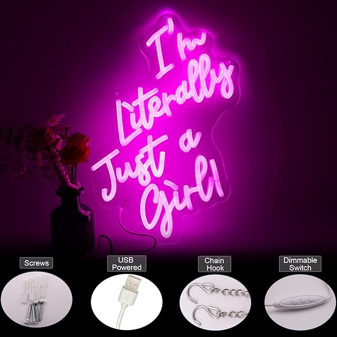 I Am Literally Just A Girl Neon Sign, Pink Neon Sign Girl Room Sign Dorm Wall Decor with Acrylic Backing, USB Powered Neon Light for Bedroom, Living Room, Office, Bar Decor Holiday Birthday Gift