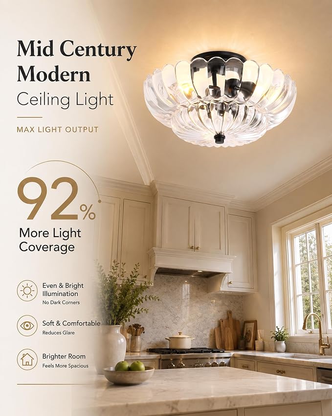 Semi Flush Mount Ceiling Light Fixture 14" Vinatge Black Ceiling Lights Mid Century Modern Clear Glass Close to Ceiling Lighting Fixtures for Bedroom Hallway Kitchen Laundry Room Bathroom