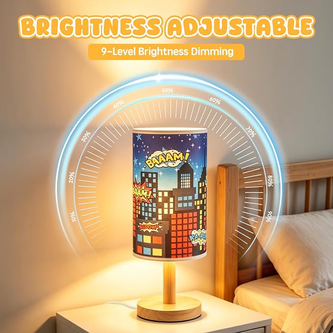 City Table Lamp for Kids Bedroom, 3-Way Dimmable Bedside Lamp with Wooden Base and Fabric Shade, Comic Book Night Light for Boys Room Decor, Cartoon Skyline Lamp for Nursery Playroom