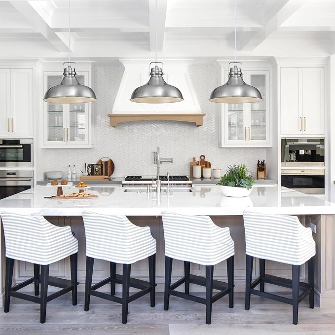 Brushed Nickel Modern Pendant Lights Kitchen Island Fixtures | ETL Certificate,Industrial Adjustable Height Vintage Dome Hanging Light Fixtures for Barn,Dining Room 3 Pack