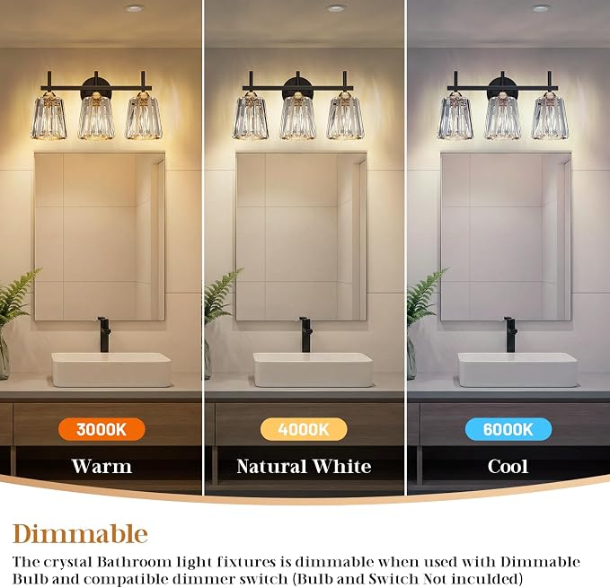 Crystal Bathroom Light Fixtures Over Mirror, Black Gold 3-Light Bathroom Vanity Lights Over Mirror Modern Wall Lighting Sconces with Ceramic E26 Base (Bulbs Not Include)