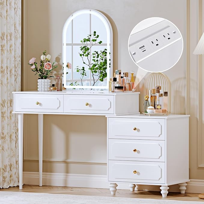 Ieejdn White,Vanity Desk with Mirror and Lights,Makeup Vanity with Power Outlet and Adjustable Cabinet,Modern Makeup Table with 3 Drawers for Bedroom Makeup Room