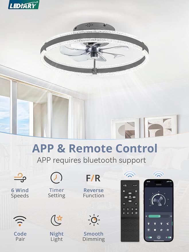 LEDIARY Ceiling Fans with Lights and Remote, 20'' Low Profile Ceiling Fan with Light, 3000-6000K Dimmable Fandelier Ceiling Fans, Modern Flush Mount Fan Light for Bedroom with 6 Wind Speeds-Sandy Gray | 3000-6000K Dimmable LED, 6 Wind Speeds, Quiet Rev...