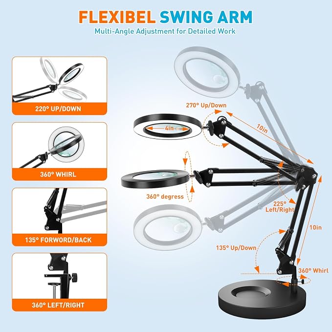 KIRKAS 12X 30X Magnifying Glass with Light and Stand, 2 in 1 LED Desk Lamp | 10 Level Dimmable 3 Color Modes, Lighted Magnifier with Light for Repair, Craft, Sewing, Reading, Close Work - Black