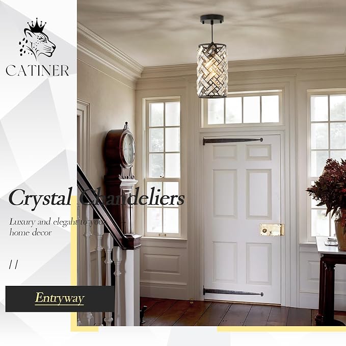 CATINER Black Crystal Pendant Light, Mini Kitchen Island Hanging Light, E26 | Black crystal pendant light with adjustable cord, E26 socket, dimmable for kitchen islands, dining rooms and hallways