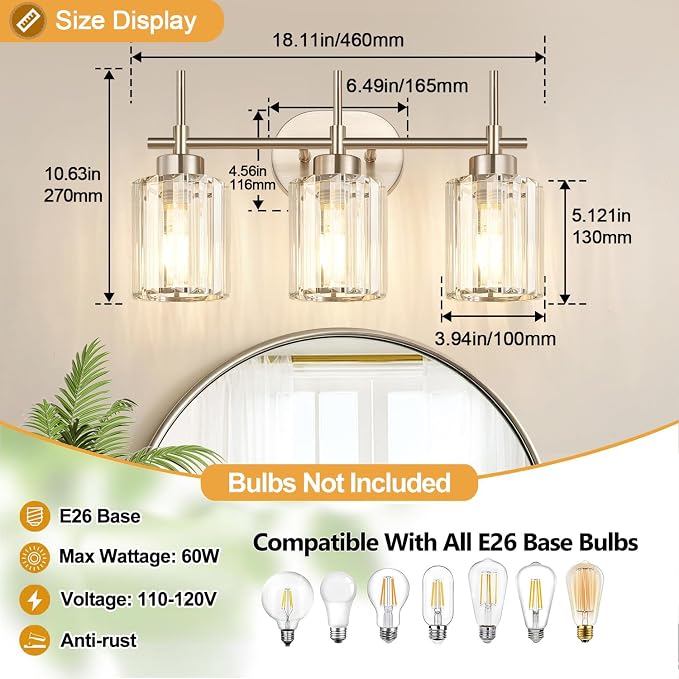 3-Light Bathroom Vanity Light Fixture, Brushed Nickel Bathroom Light with K9 Clear Crystal Shades, Modern Wall Sconce Lighting for Bathroom Mirror, Bedroom, Hallway