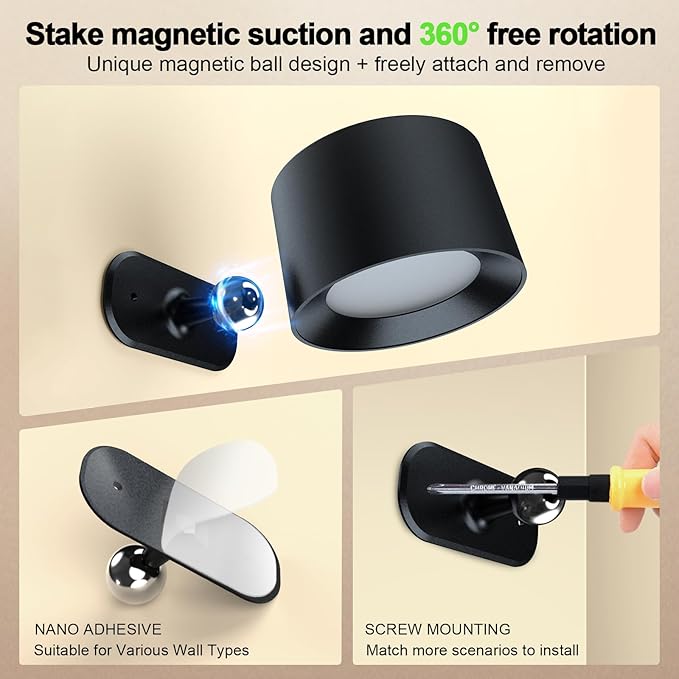 LED Wall Lights with Remote,Rechargeable Wall Mounted Reading Sconces Lamp, 3 Colors & Dimmable Magnetic 360° Rotation Cordless Wall Lighting Spotlights for Bedroom Bedside Hallway (3-Pack)