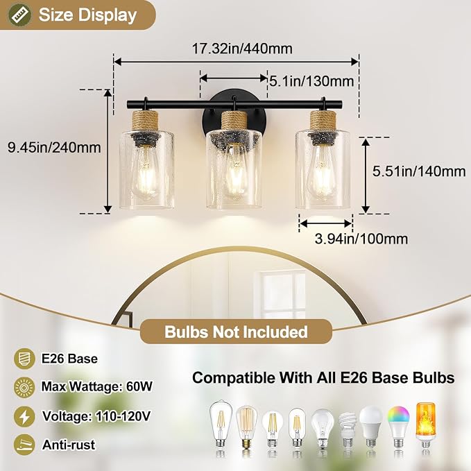 MOKATNG Bathroom Light Fixtures, 3-Light Coastal Vanity Lights with Seeded Glass, Black Bathroom Wall Lamp for Mirror Kitchen Cabinet Hallway