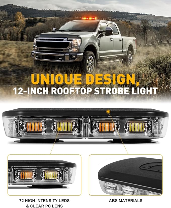 HLauto 700A Rooftop Emergency Strobe Lights Bar, 72 LED Amber Red Mini Beacon Safety Flashing Warning Traffic Lights Bar w/Magnetic Base for 12-24V Trucks, Construction Vehicles, Snowplow, Cars
