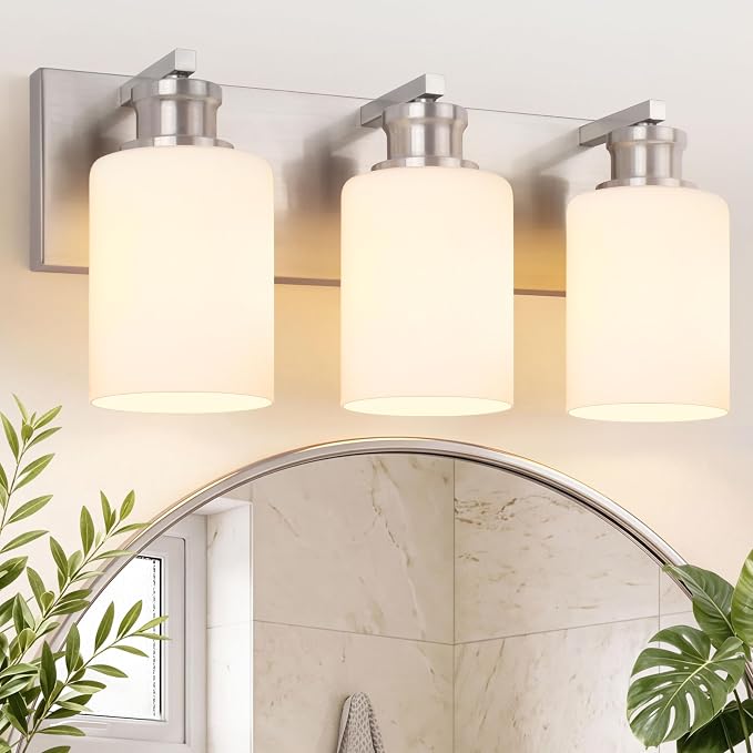 3-Light Bathroom Light Fixtures, Brushed Nickel Vanity Light Over Mirror | Modern Vanity Lights for Bathroom with Milky White Glass Shade, Wall Lamp for Kitchen Bedroom Hallway Living Room, 16.5 Inch