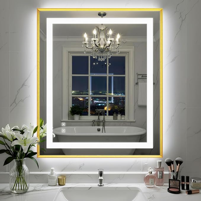 30X36 Inch Frontlit+ Backlit LED Bathroom Mirror with Lights Gold | Bathroom Vanity Mirror for Wall, Ultra-Clear Tempered Glass, Shatter-Proof, Anti-Fog and Memory Function, ETL Listed