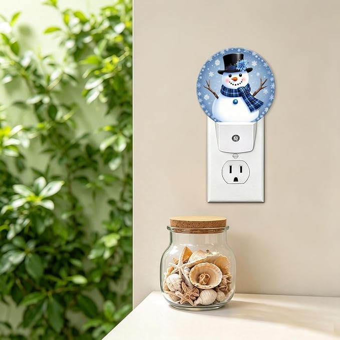 Night Lights Plug into Wall Blue Snowman Night Light Energy Saving LED | Winter Plug in Night Lights for Wall Socket with Dusk-to-Dawn Sensor for Bedroom, Bathroom and Living Room