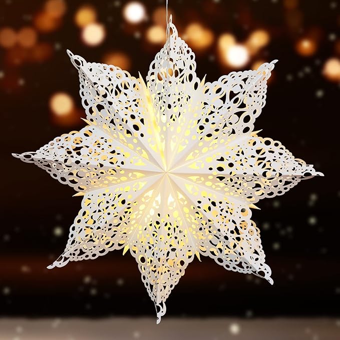 Mudder 23.6 Inch Christmas Paper Snowflakes Star Lantern with Light Parol Lantern Filipino Party Supplies Hanging Decoration for Weddings Christmas Trees Birthday Holiday Party Celebration