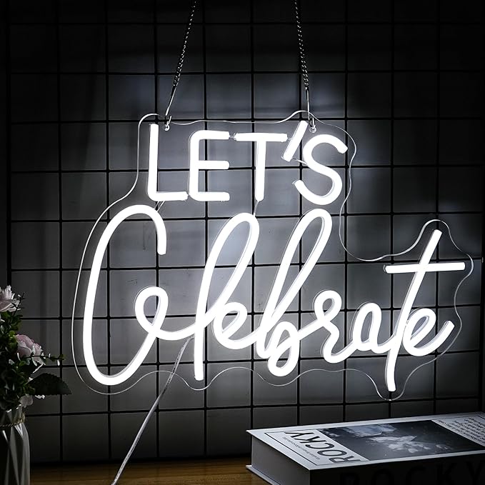 Let's Celebrate Neon Sign Dimmable White Neon Light Let's Celebrate Neon Signs for Wall Decor Powered by USB Words LED Lights for Bedroom Party Thanksgiving(16.5"x11.8")