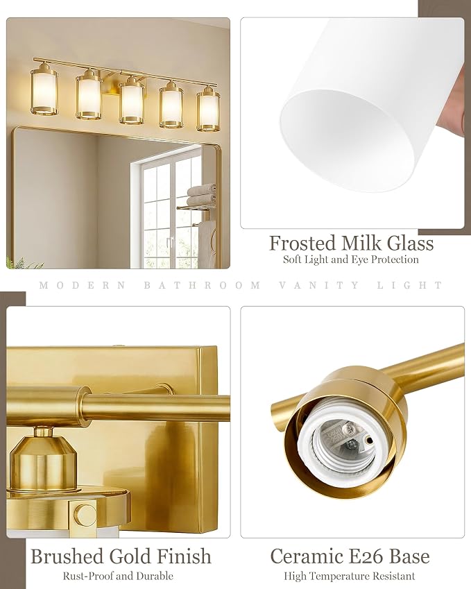 5-Light Brushed Gold Bathroom Light Fixtures Over Mirror with Frosted Milk Glass and Metal Cage Shade, 38" UL-Listed Modern Farmhouse Wall Sconce for Bath, Hardwire E26, OS-3014BGW-5W