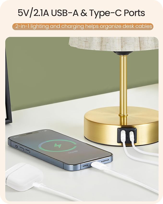 Small Bedside Table Lamps Set of 2, Touch Dimmable Table Lamps with USB Ports, Nightstand Lamps with 2 Stepless Dimming LED Bulbs, E26 Base, for Bedroom, Study, Gold and Beige DE16TLP205