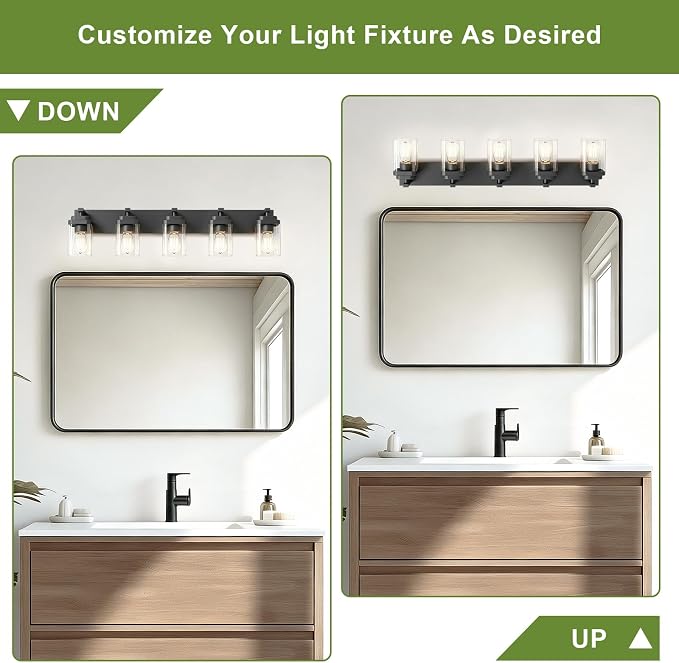 Black Bathroom Light Fixtures, 5 Lights Bathroom Lighting Fixtures Over Mirror, Square Design & Rectangle Large Backplate, Modern Vanity Lighting Fixtures, for Bathroom/Living Room/Bedroom