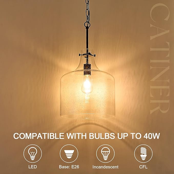 12" Black Seeded Glass Pendant Light, Modern Farmhouse Hanging Ceiling Light Fixture for Kitchen Island, Dining Room, Hallway, Hand-Blown Bubble Glass Shade, E26 Dimmable Pendant Lighting