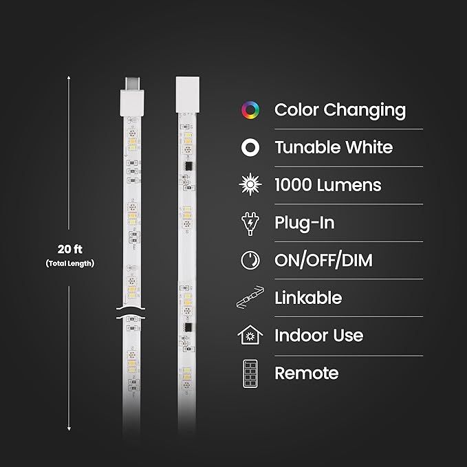 Feit Electric 20FT Smart LED Strip Light, Chasing RGB + Tunable White, App & Remote Control, Alexa & Google Home Compatible, Linkable & Cuttable Tape Light, TAPE20/CHASE/AG