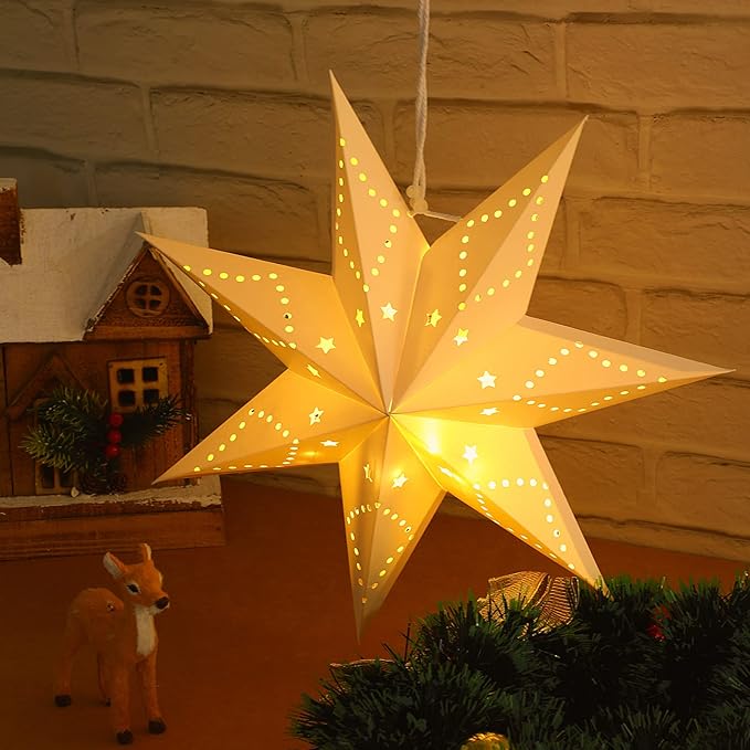 Large Paper Star Lanterns with Lights 3D 7 Pointed Christmas Paper Lanterns 3Pcs Foldable Decorative Christmas Hanging Decorations for Xmas Birthday Holiday Wedding Home Decor New Year Party